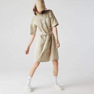 NWT Lacoste Mandarin Collar Flowing Twill Shirt Dress in Beige